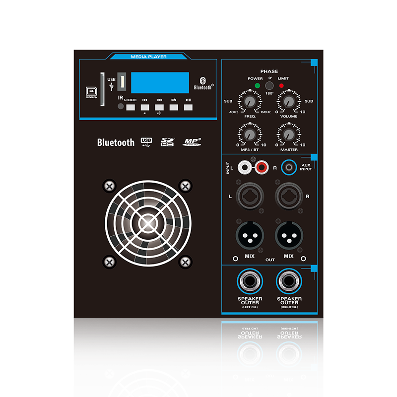 SUB12-2.1: Mix-uitgang en uitgangsvermogen voor satelliet 2.1- of 2.2-kanaals stroomuitgang Line Array-luidspreker functionele module