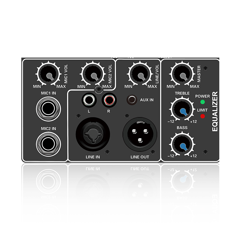 C210: Gebalanceerde combo-aansluiting Lijningang Treble- en bas-EQ-regeling Elektrische frequentieverdeling Functionele module