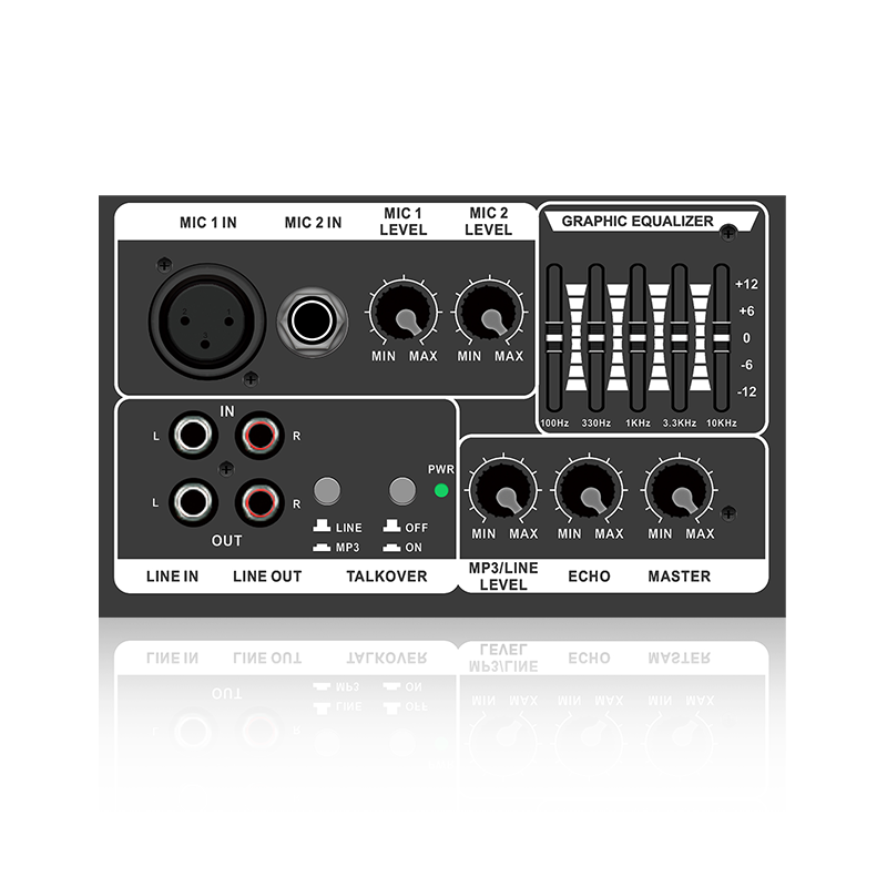 PL13-5EQ+AC: Twee microfoonkanalen en microfoonprioriteit horizontale analoge functionele module voor klasse AB-versterker