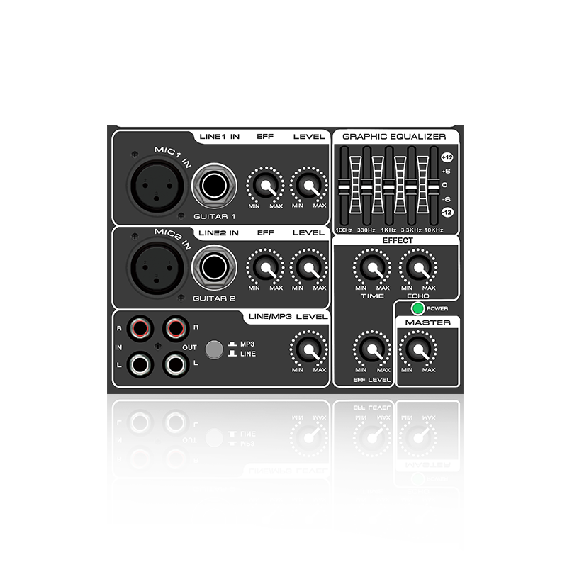 PL3: 5-bands grafische equalizer en microfooneffect horizontale analoge functionele module voor klasse AB-versterker