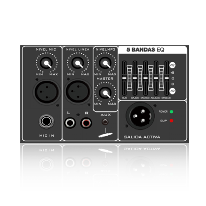 PL79: Gebalanceerde uitgang met 5-bands grafische equalizer Horizontale analoge functionele module voor klasse AB-versterker