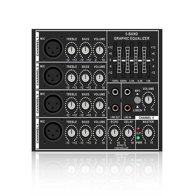 PL83: 4 microfoonkanaalingang en individuele microfoon Treble Bass volumeregeling Horizontale analoge functionele module voor klasse AB-versterker