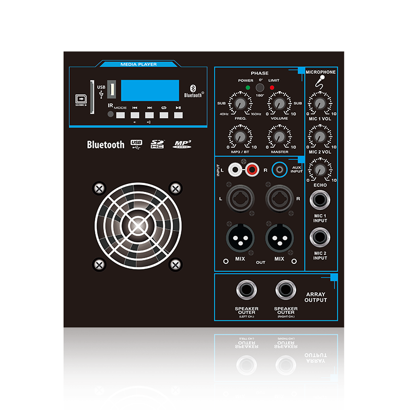 SUB12-2.1+2B: Tweekanaals microfoon in en mix uit 2.1 of 2.2 kanaals Line Array luidspreker functionele module